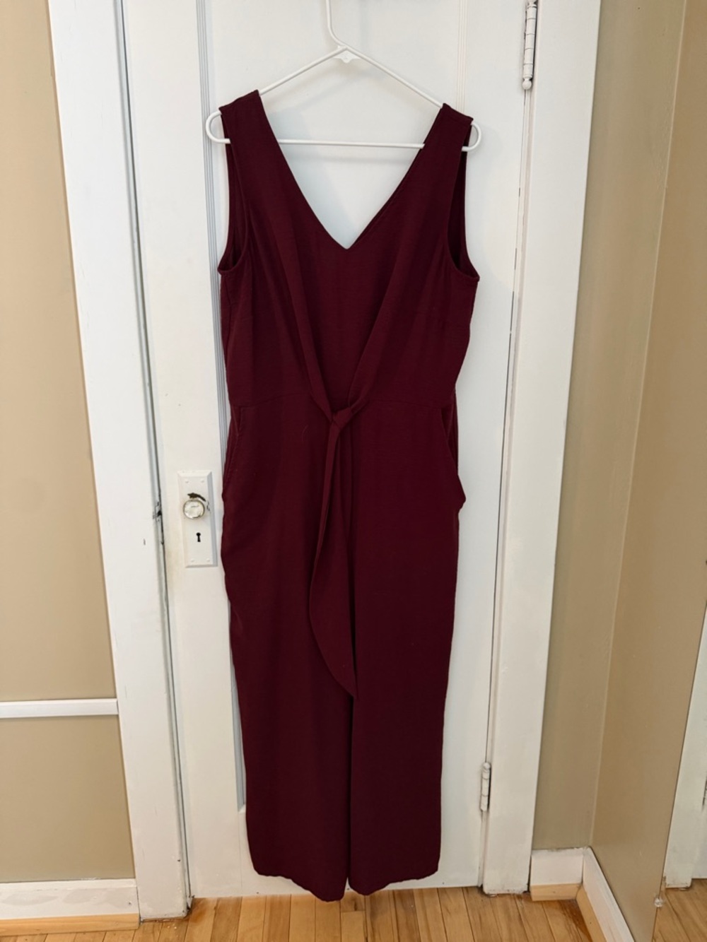 Sleeveless V-Neck Burgundy Jumpsuit with Waist Tie